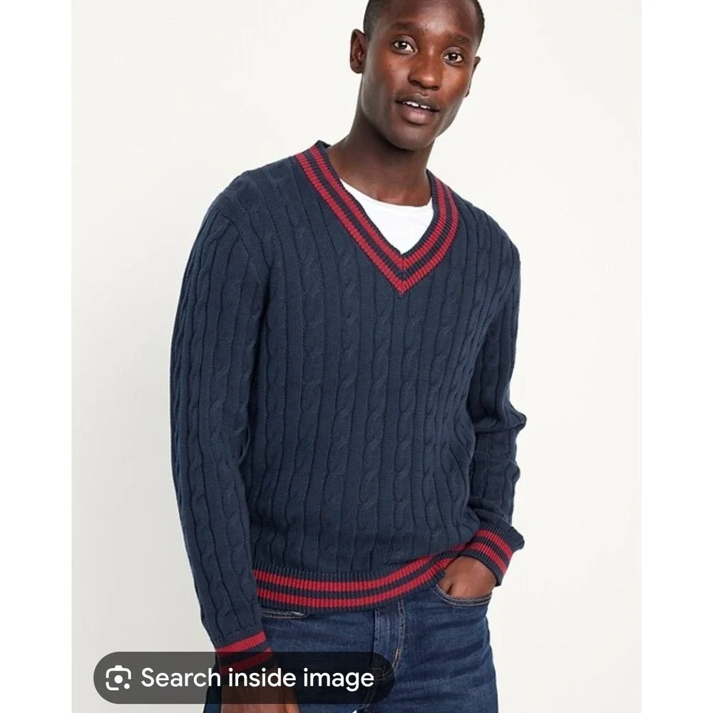 Old Navy Mens XL Tall Navy Blue Cable Knit V-Neck Sweater Red Trim Cotton Preppy